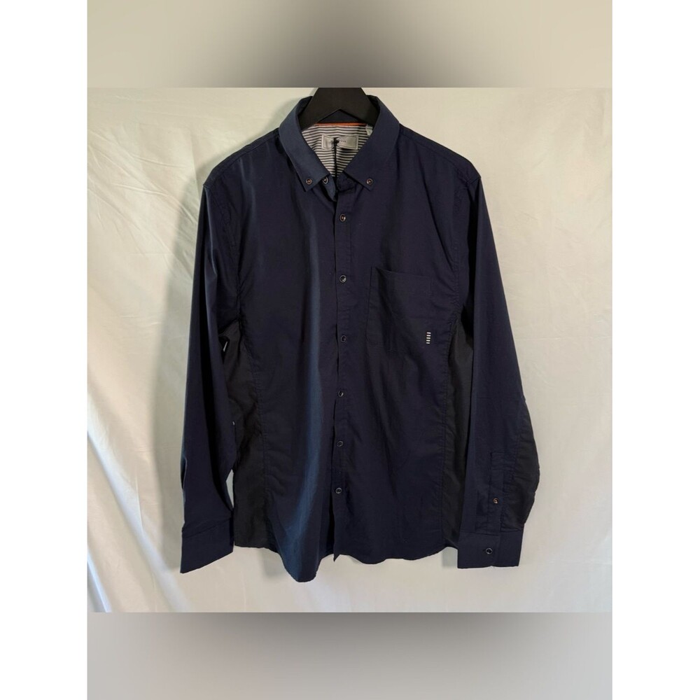 Five Four "Park" Men's Button Down Shirt XL NWT Navy Blue Striped Trim